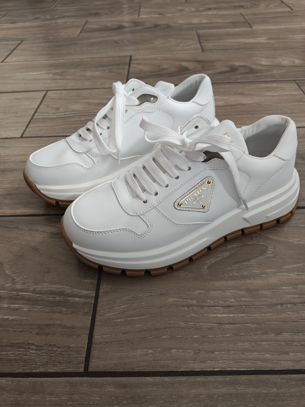 Prada White Leather Platform Lace-Up Sneakers with Gum Sole